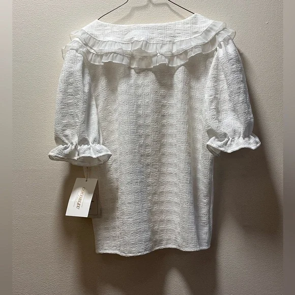 Cocobleu NY Cottagecore Button, Short Sleeve Top, Ruffled Collar, Sz S, White - Picture 2 of 9